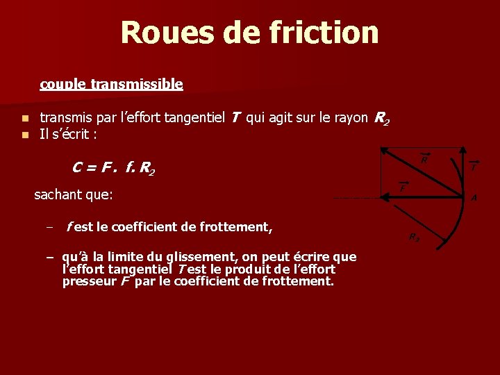 Roues de friction couple transmissible n n transmis par l’effort tangentiel T qui agit Roues de friction couple transmissible n n transmis par l’effort tangentiel T qui agit