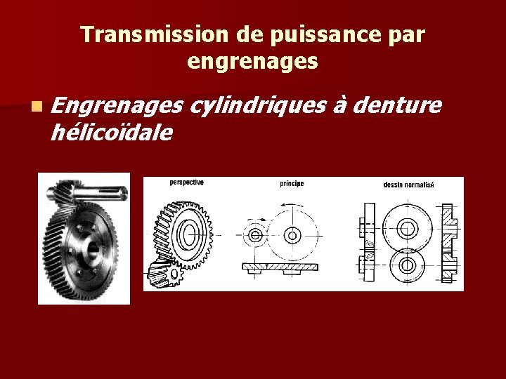 Transmission de puissance par engrenages n Engrenages cylindriques à denture hélicoïdale Transmission de puissance par engrenages n Engrenages cylindriques à denture hélicoïdale