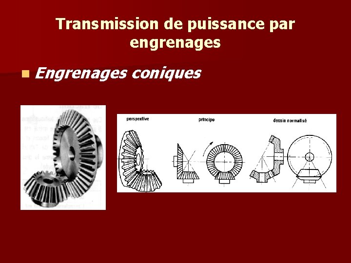 Transmission de puissance par engrenages n Engrenages coniques Transmission de puissance par engrenages n Engrenages coniques