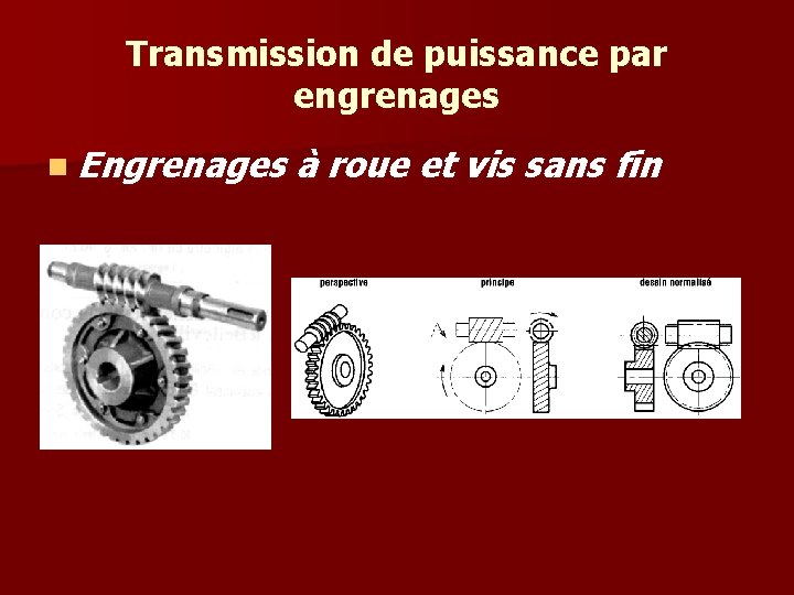 Transmission de puissance par engrenages n Engrenages à roue et vis sans fin Transmission de puissance par engrenages n Engrenages à roue et vis sans fin