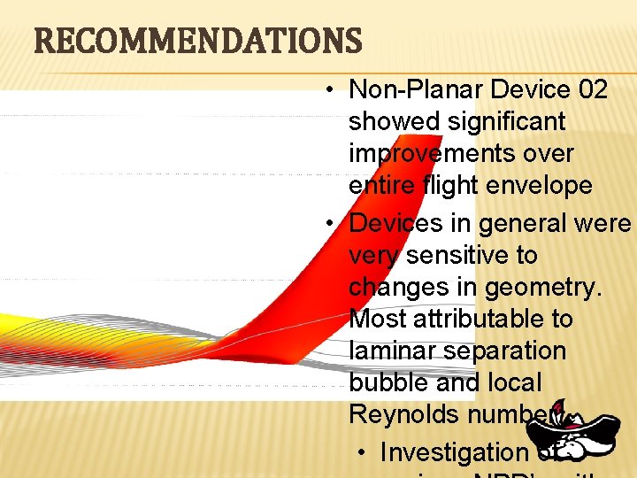 RECOMMENDATIONS • Non-Planar Device 02 showed significant improvements over entire flight envelope • Devices