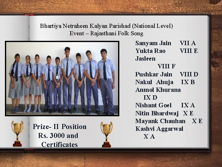 Bhartiya Netraheen Kalyan Parishad (National Level) Event – Rajasthani Folk Song Prize- II Position