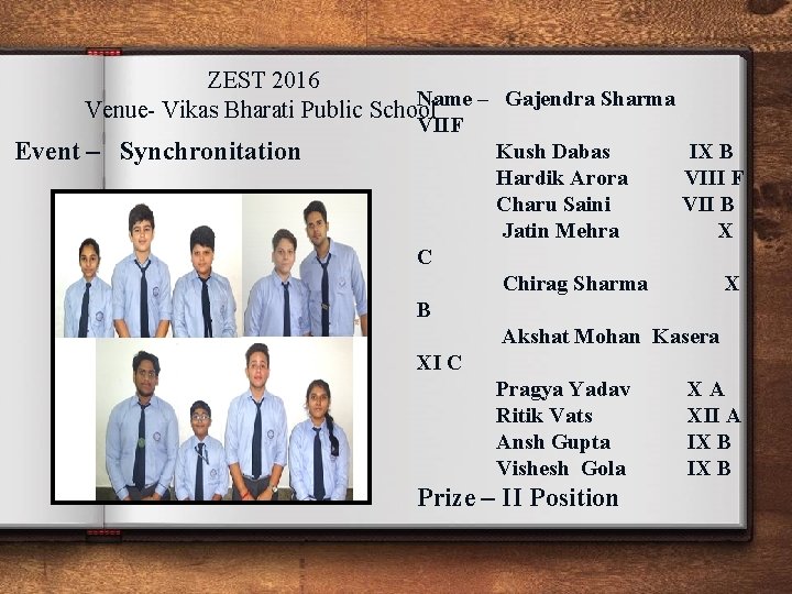 ZEST 2016 Name – Gajendra Sharma Venue- Vikas Bharati Public School Event – Synchronitation