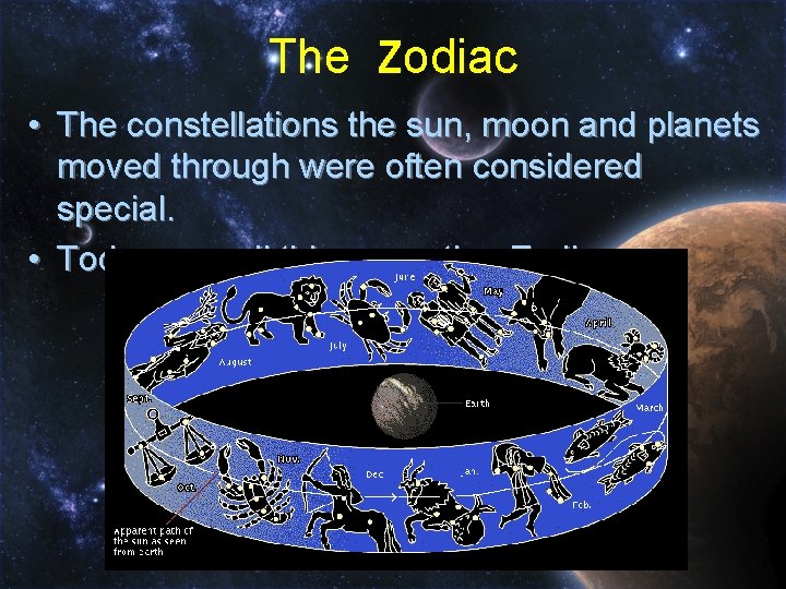The Zodiac • The constellations the sun, moon and planets moved through were often