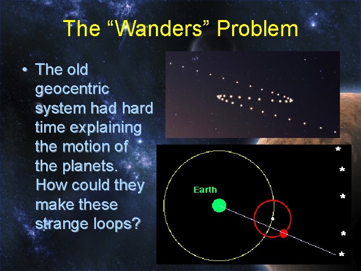 The “Wanders” Problem • The old geocentric system had hard time explaining the motion