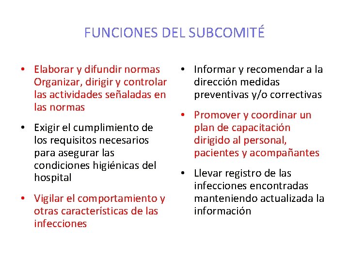 FUNCIONES DEL SUBCOMITÉ • Elaborar y difundir normas Organizar, dirigir y controlar las actividades FUNCIONES DEL SUBCOMITÉ • Elaborar y difundir normas Organizar, dirigir y controlar las actividades