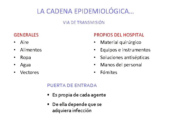 LA CADENA EPIDEMIOLÓGICA… VIA DE TRANSMISIÓN GENERALES • Aire • Alimentos • Ropa •