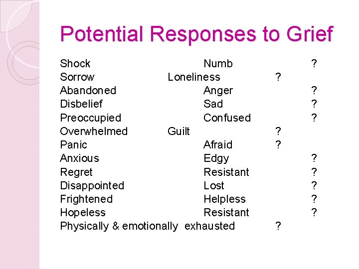 Potential Responses to Grief Shock Numb Sorrow Loneliness Abandoned Anger Disbelief Sad Preoccupied Confused Potential Responses to Grief Shock Numb Sorrow Loneliness Abandoned Anger Disbelief Sad Preoccupied Confused