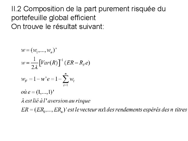 II. 2 Composition de la part purement risquée du portefeuille global efficient On trouve