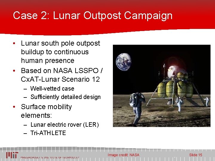 Case 2: Lunar Outpost Campaign • Lunar south pole outpost buildup to continuous human