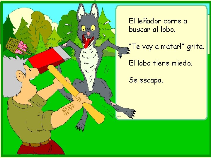 El leñador corre a buscar al lobo. “Te voy a matar!” grita. El lobo