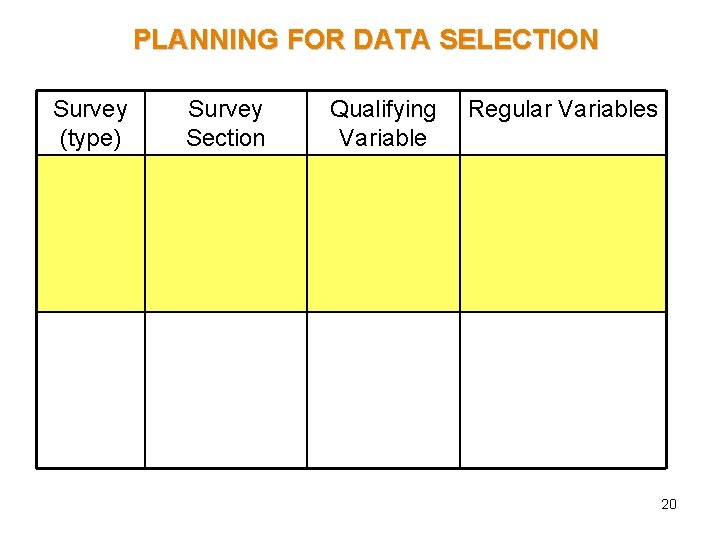 PLANNING FOR DATA SELECTION Survey (type) Survey Section Qualifying Variable Regular Variables 20 