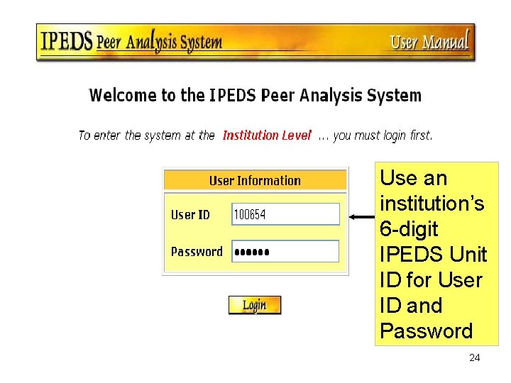 Use an institution’s 6 -digit IPEDS Unit ID for User ID and Password 24
