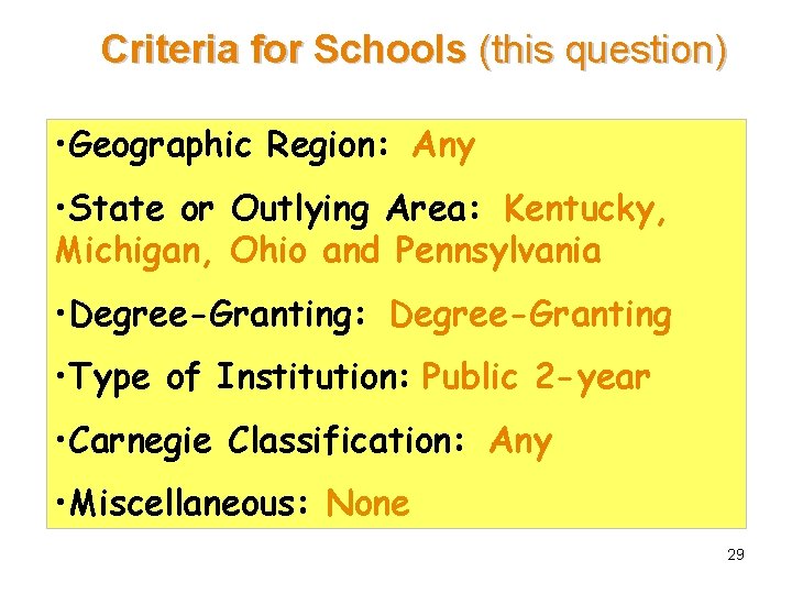 Criteria for Schools (this question) • Geographic Region: Any • State or Outlying Area: