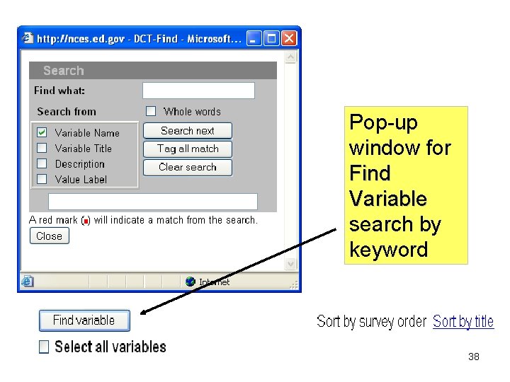 Pop-up window for Find Variable search by keyword 38 