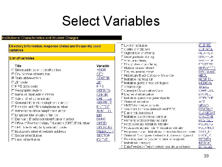 Select Variables 39 