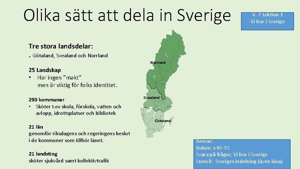 Olika sätt att dela in Sverige V. 7 Lektion 1 Vi bor i Sverige