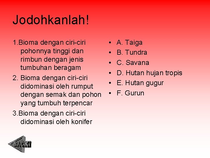 Jodohkanlah! 1. Bioma dengan ciri-ciri pohonnya tinggi dan rimbun dengan jenis tumbuhan beragam 2.