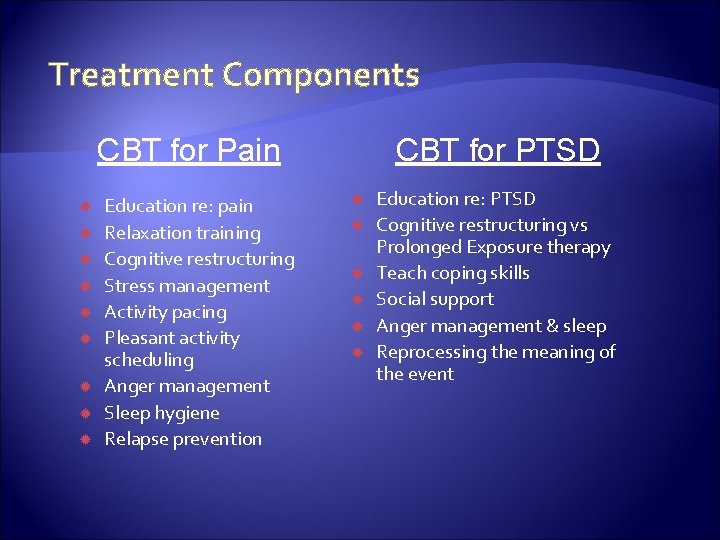 Treatment Components CBT for Pain Education re: pain Relaxation training Cognitive restructuring Stress management