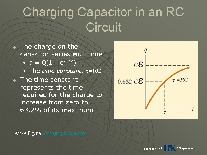 Charging Capacitor in an RC Circuit u The charge on the capacitor varies with