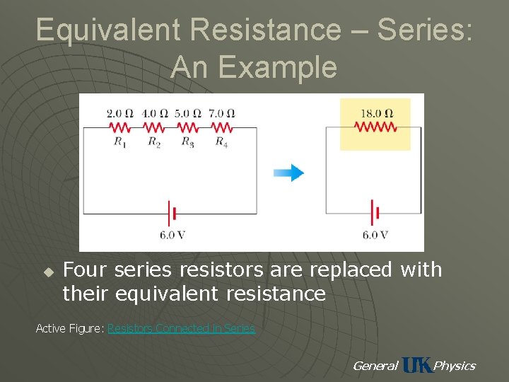 Equivalent Resistance – Series: An Example u Four series resistors are replaced with their