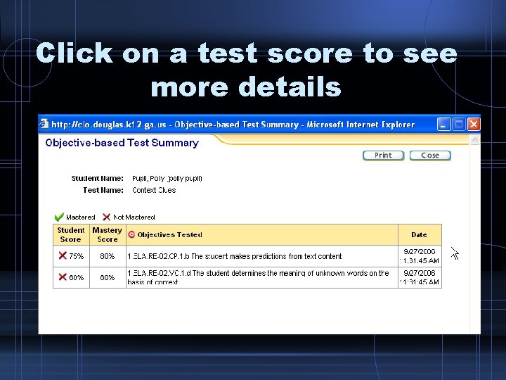 Click on a test score to see more details 