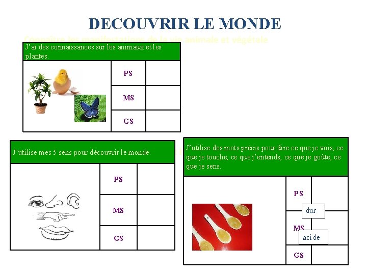 DECOUVRIR LE MONDE Connaître les manifestations de la vie animale et végétale J’ai des