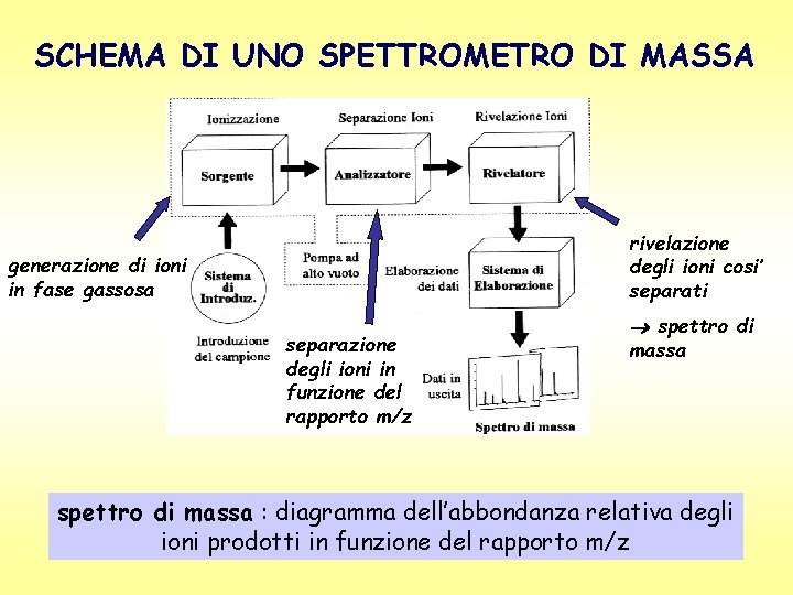 SCHEMA DI UNO SPETTROMETRO DI MASSA rivelazione degli ioni cosi’ separati generazione di ioni