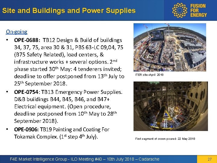 Site and Buildings and Power Supplies On-going • OPE-0688: TB 12 Design & Build