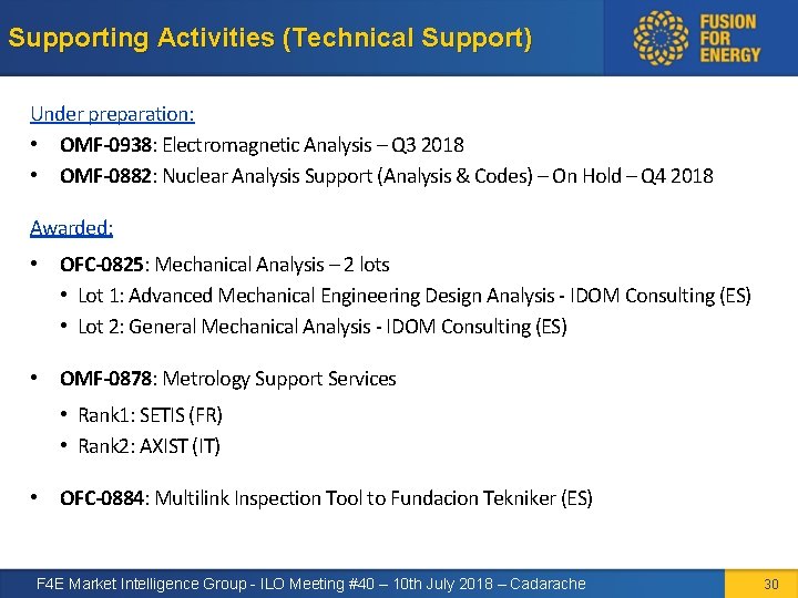 Supporting Activities (Technical Support) Under preparation: • OMF-0938: Electromagnetic Analysis – Q 3 2018