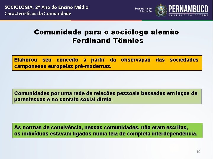 SOCIOLOGIA, 2º Ano do Ensino Médio Características da Comunidade para o sociólogo alemão Ferdinand