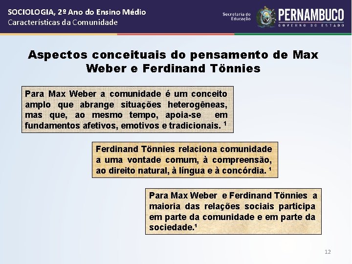 SOCIOLOGIA, 2º Ano do Ensino Médio Características da Comunidade Aspectos conceituais do pensamento de