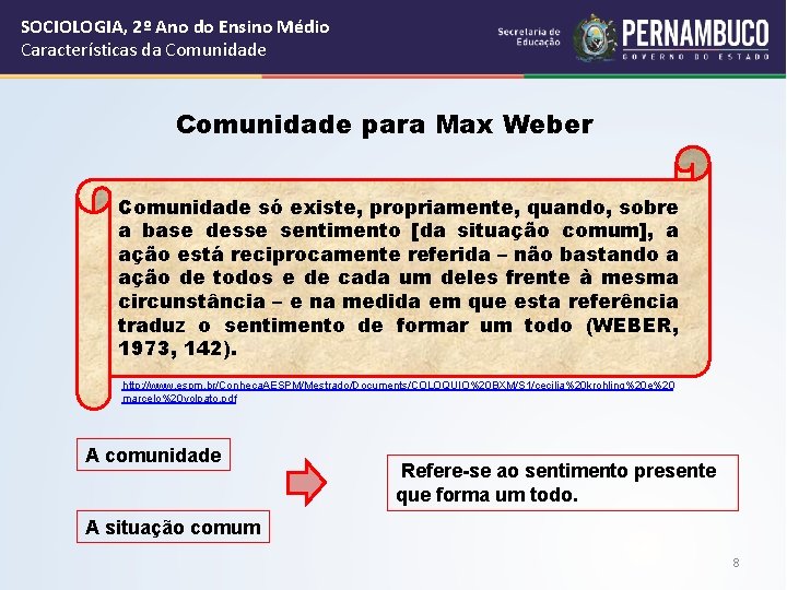 SOCIOLOGIA, 2º Ano do Ensino Médio Características da Comunidade para Max Weber Comunidade só