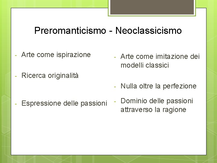 Preromanticismo - Neoclassicismo - Arte come ispirazione - Ricerca originalità - Espressione delle passioni