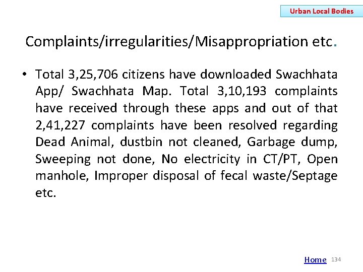 Urban Local Bodies Complaints/irregularities/Misappropriation etc. • Total 3, 25, 706 citizens have downloaded Swachhata