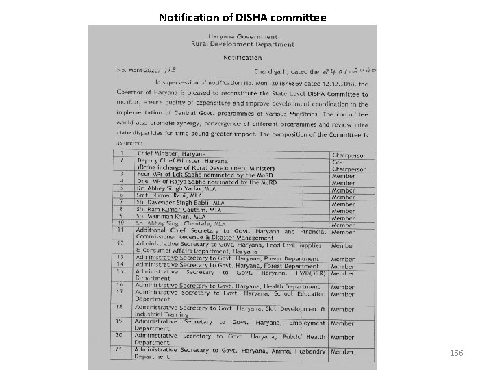 Notification of DISHA committee 156 