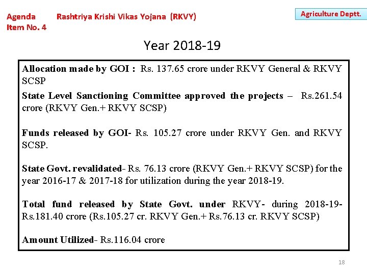 Agenda Item No. 4 Rashtriya Krishi Vikas Yojana (RKVY) Agriculture Deptt. Year 2018 -19