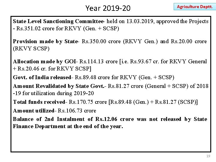 Year 2019 -20 Agriculture Deptt. State Level Sanctioning Committee- held on 13. 03. 2019,