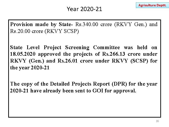 Year 2020 -21 Agriculture Deptt. Provision made by State- Rs. 340. 00 crore (RKVY