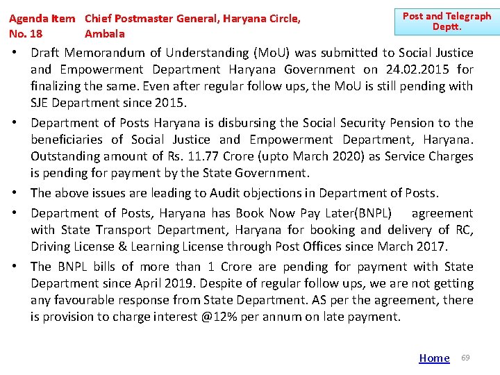 Agenda Item Chief Postmaster General, Haryana Circle, No. 18 Ambala Post and Telegraph Deptt.