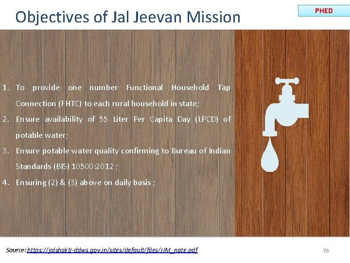 Objectives of Jal Jeevan Mission PHED 1. To provide one number Functional Household Tap