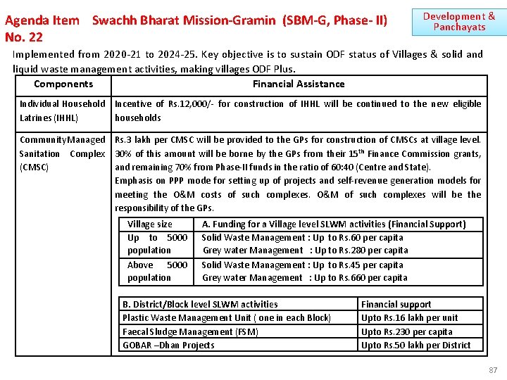 Agenda Item Swachh Bharat Mission-Gramin (SBM-G, Phase- II) No. 22 Development & Panchayats Implemented