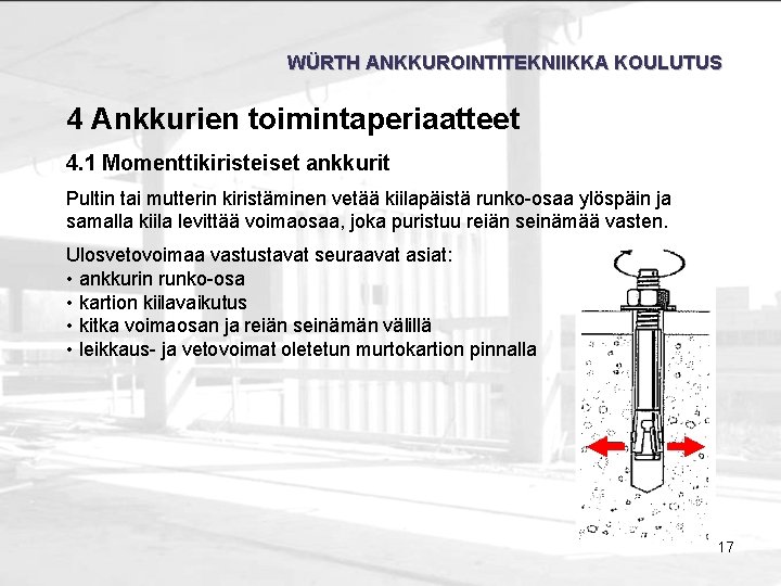 WÜRTH ANKKUROINTITEKNIIKKA KOULUTUS 4 Ankkurien toimintaperiaatteet 4. 1 Momenttikiristeiset ankkurit Pultin tai mutterin kiristäminen