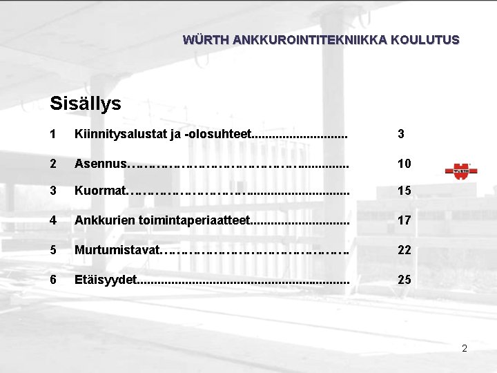 WÜRTH ANKKUROINTITEKNIIKKA KOULUTUS Sisällys 1 Kiinnitysalustat ja -olosuhteet. . . . 3 2 Asennus………………….