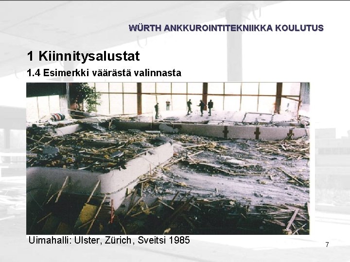 WÜRTH ANKKUROINTITEKNIIKKA KOULUTUS 1 Kiinnitysalustat 1. 4 Esimerkki väärästä valinnasta Uimahalli: Ulster, Zürich, Sveitsi