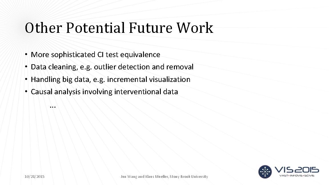 Other Potential Future Work • • More sophisticated CI test equivalence Data cleaning, e.