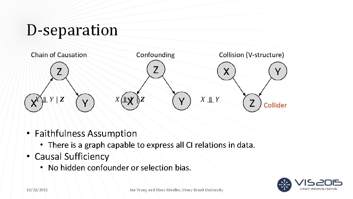 D-separation Chain of Causation Collision (V-structure) Confounding • Faithfulness Assumption • There is a