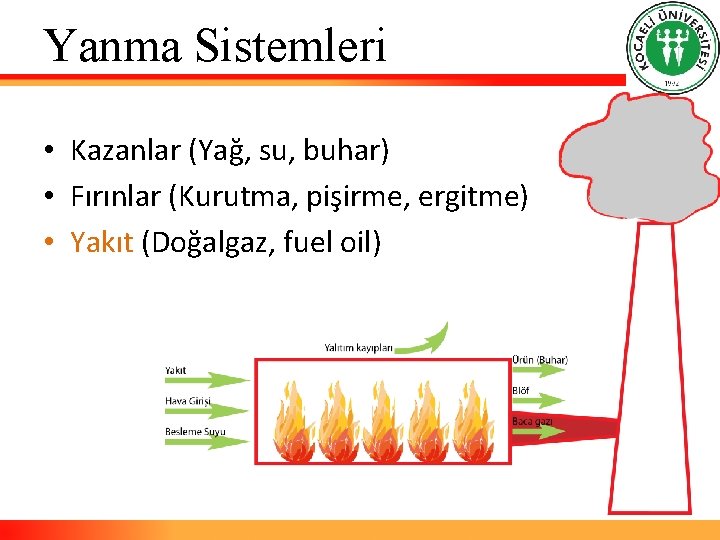 Yanma Sistemleri • Kazanlar (Yağ, su, buhar) • Fırınlar (Kurutma, pişirme, ergitme) • Yakıt