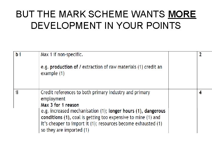 BUT THE MARK SCHEME WANTS MORE DEVELOPMENT IN YOUR POINTS BUT THE MARK SCHEME WANTS MORE DEVELOPMENT IN YOUR POINTS
