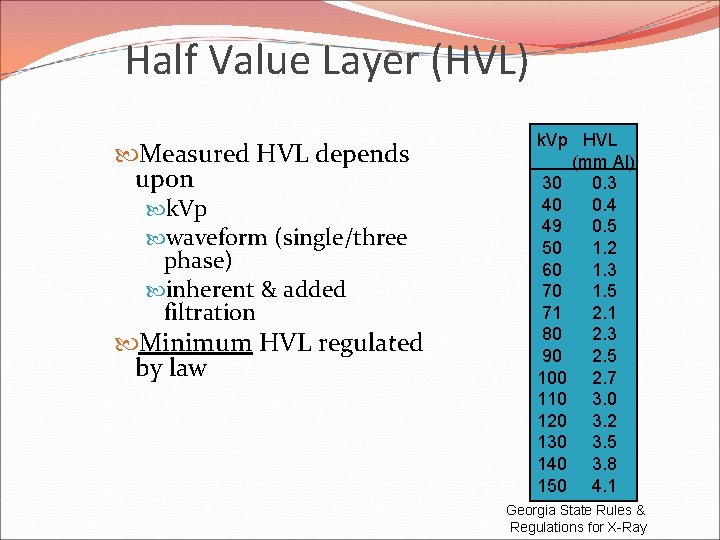 Half Value Layer (HVL) Measured HVL depends upon k. Vp waveform (single/three phase) inherent